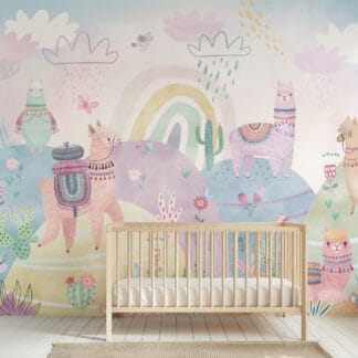 Watercolor Llama and Alpaca Adventure Kids Peel and Stick Wallpaper, Colorful Rainbow and Mountain Nursery Wall Mural