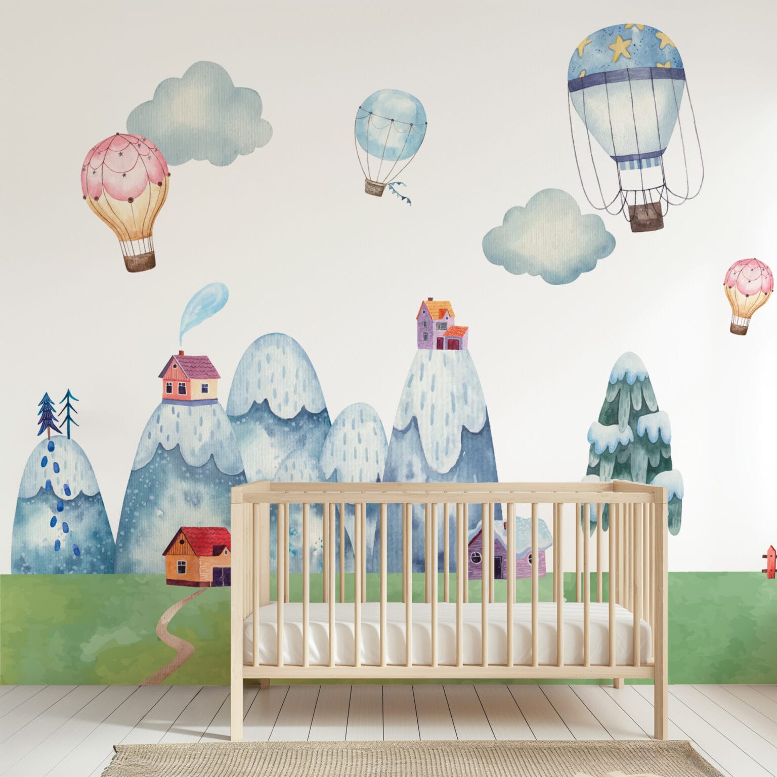Watercolor Hot Air Balloon and Mountain Kids Peel and Stick Wallpaper ...