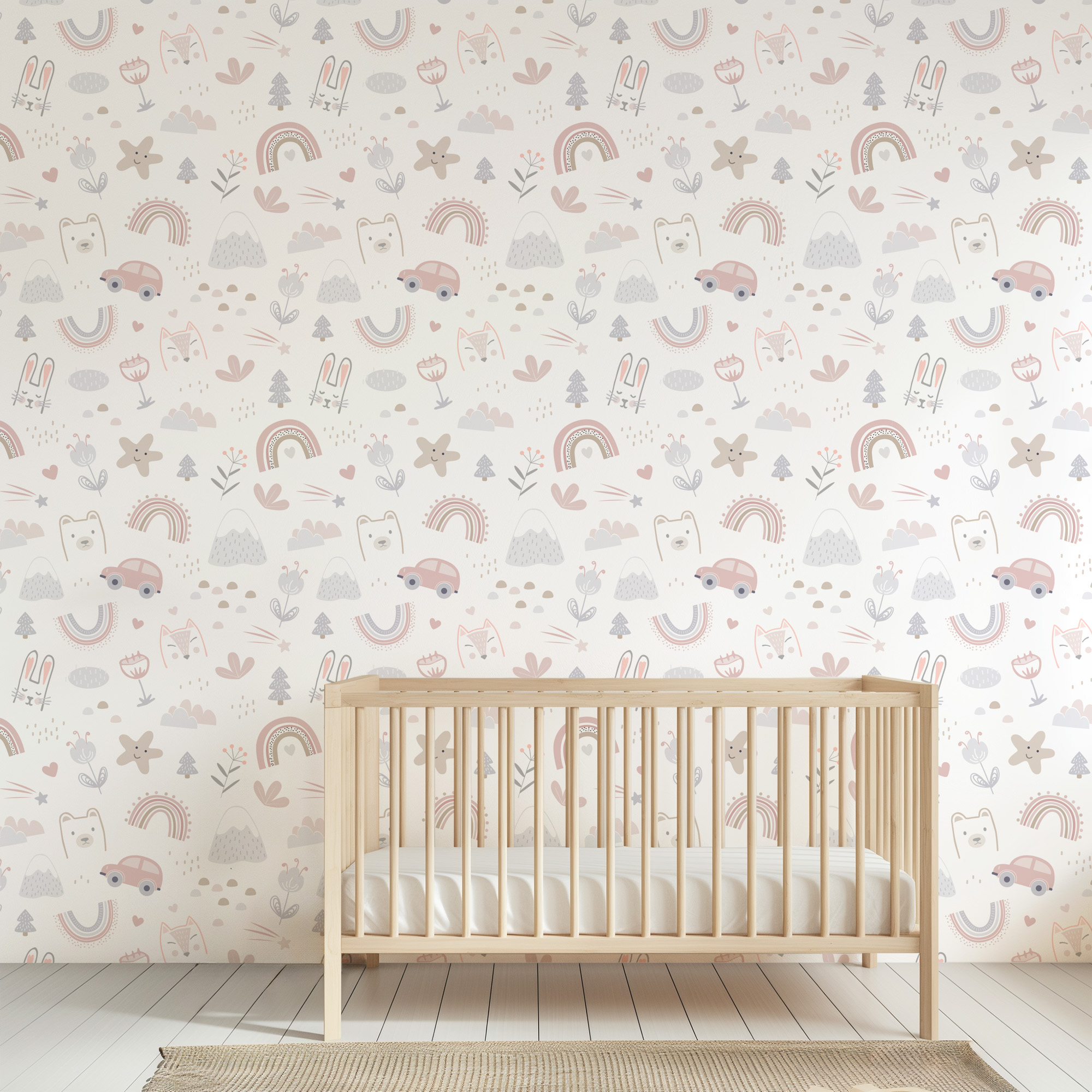Whimsical Animal and Rainbow Adventure Kids Peel and Stick Wallpaper, Neutral Scandi Nursery Wall Mural