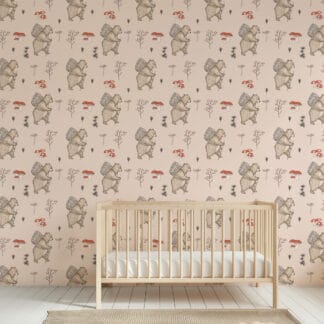 Vintage Woodland Bear and Mushroom Nursery Peel and Stick Wallpaper, Dusty Pink Forest Kids Wall Mural, Storybook Animal Decor