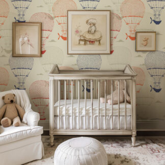 Vintage Hot Air Balloon Kids Peel and Stick Wallpaper, Antique Engraving Style Nursery Wall Mural, Classic Adventure Decor