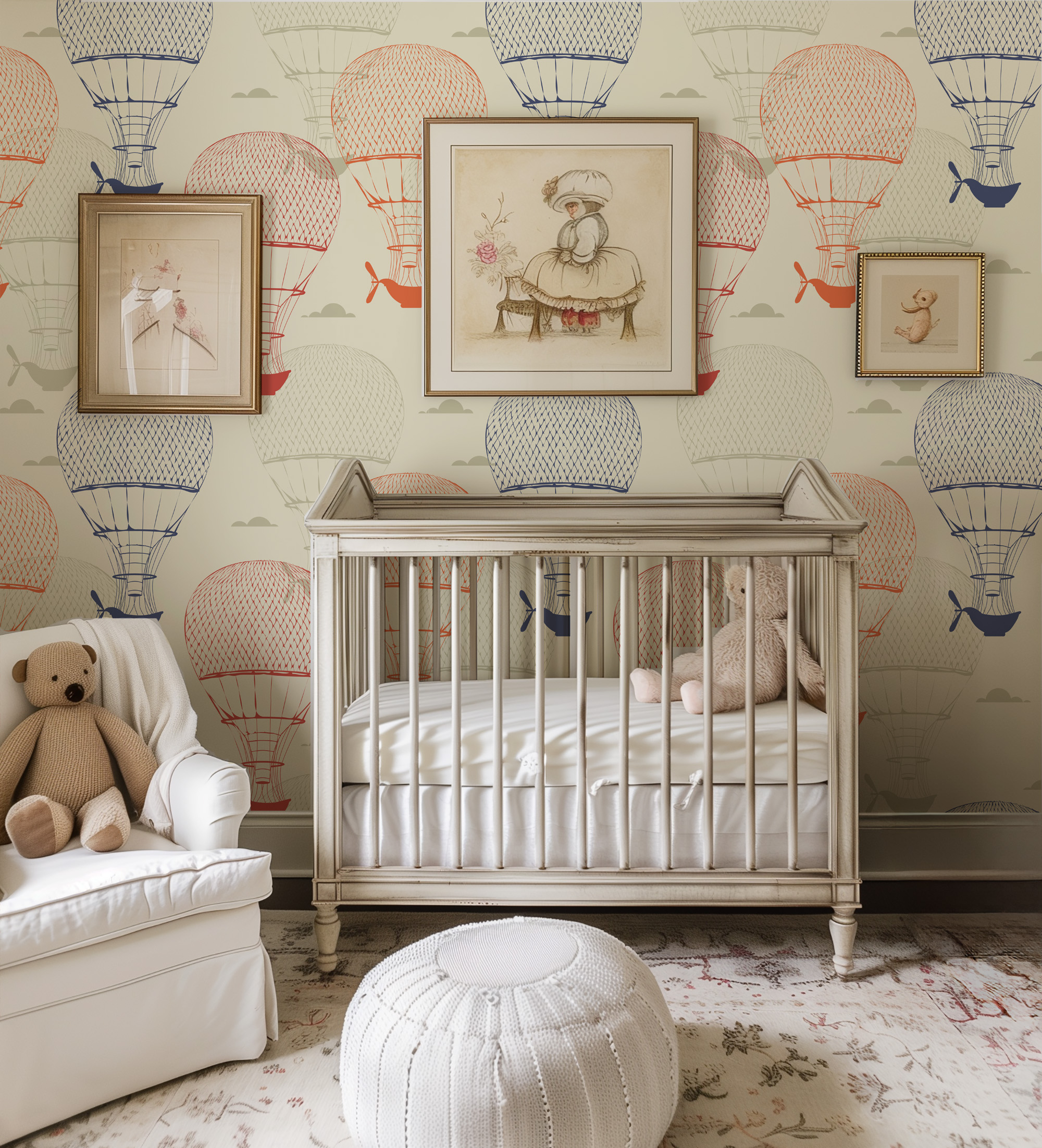 Vintage Hot Air Balloon Kids Peel and Stick Wallpaper, Antique Engraving Style Nursery Wall Mural, Classic Adventure Decor