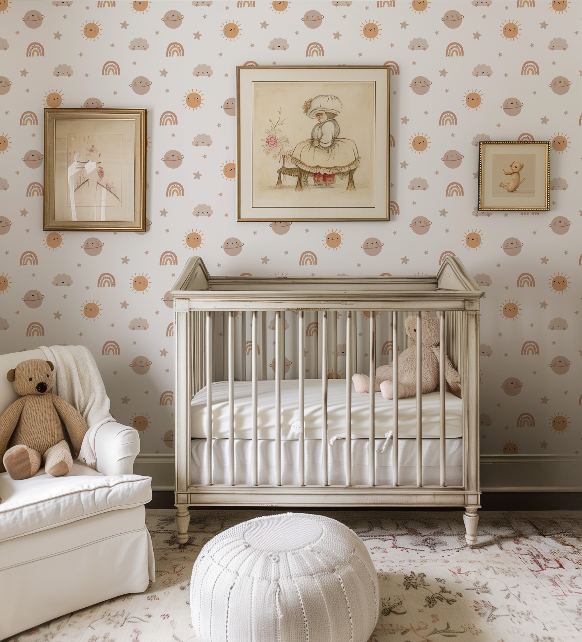 Happy Boho Space and Galaxy Nursery Peel and Stick Wallpaper, Neutral Terracotta Planet Wall Mural for Kids Room