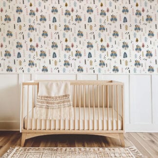 Tribal Woodland Animals and Pine Forest Kids Peel and Stick Wallpaper, Neutral Scandi Nursery Wall Mural