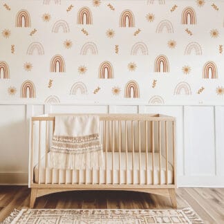 Boho Rainbow and Sun Kids Peel and Stick Wallpaper, Earthy Terracotta Nursery Wall Mural, Minimalist Scandi Decor