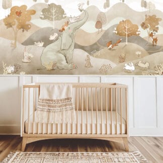 Watercolor Elephant and Woodland Friends Kids Peel and Stick Wallpaper, Earthy Neutral Nursery Wall Mural, Gentle Safari Decor