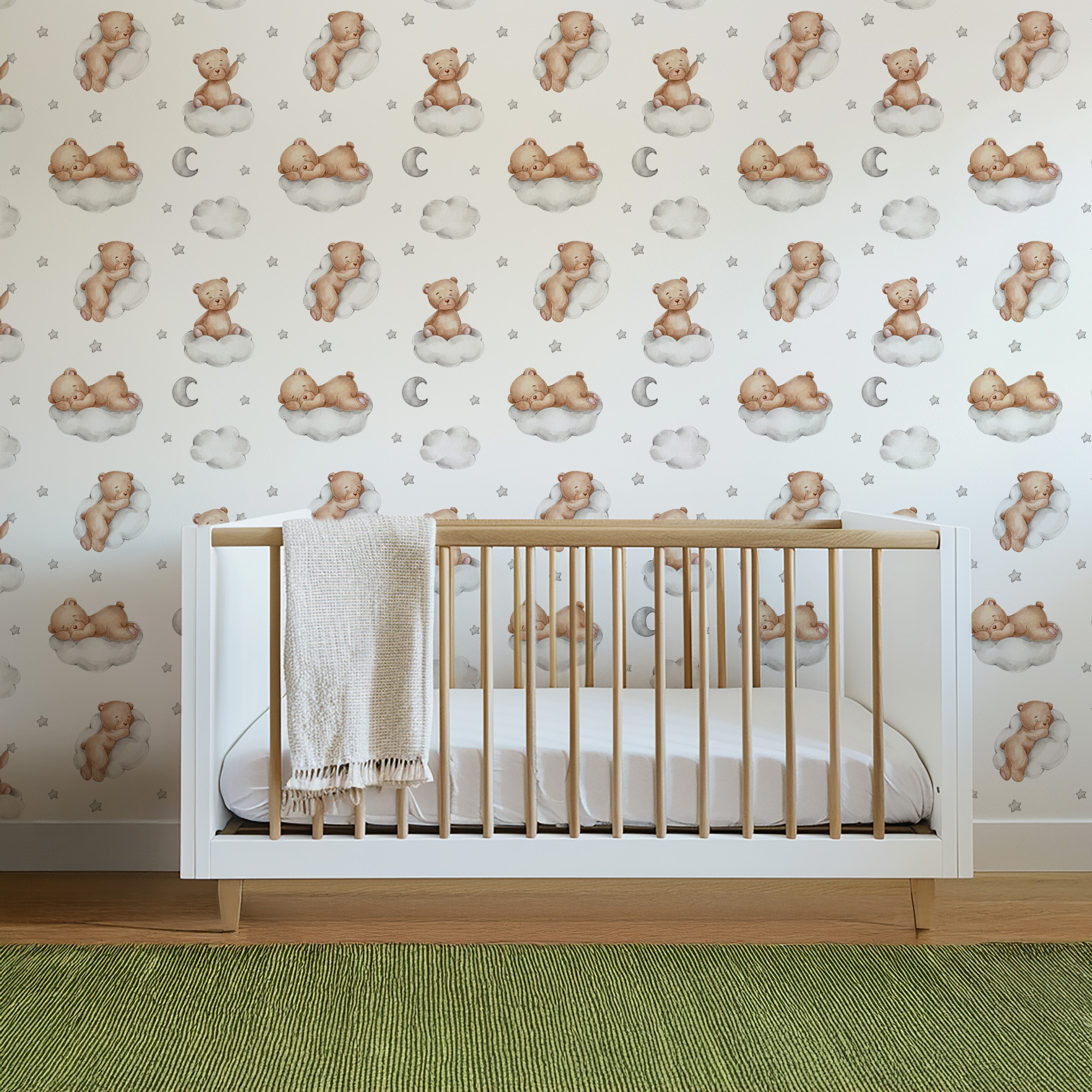 Dreamy Watercolor Teddy Bear on Clouds Kids Peel and Stick Wallpaper, Neutral Nursery Wall Mural, Whimsical Starry Night Decor