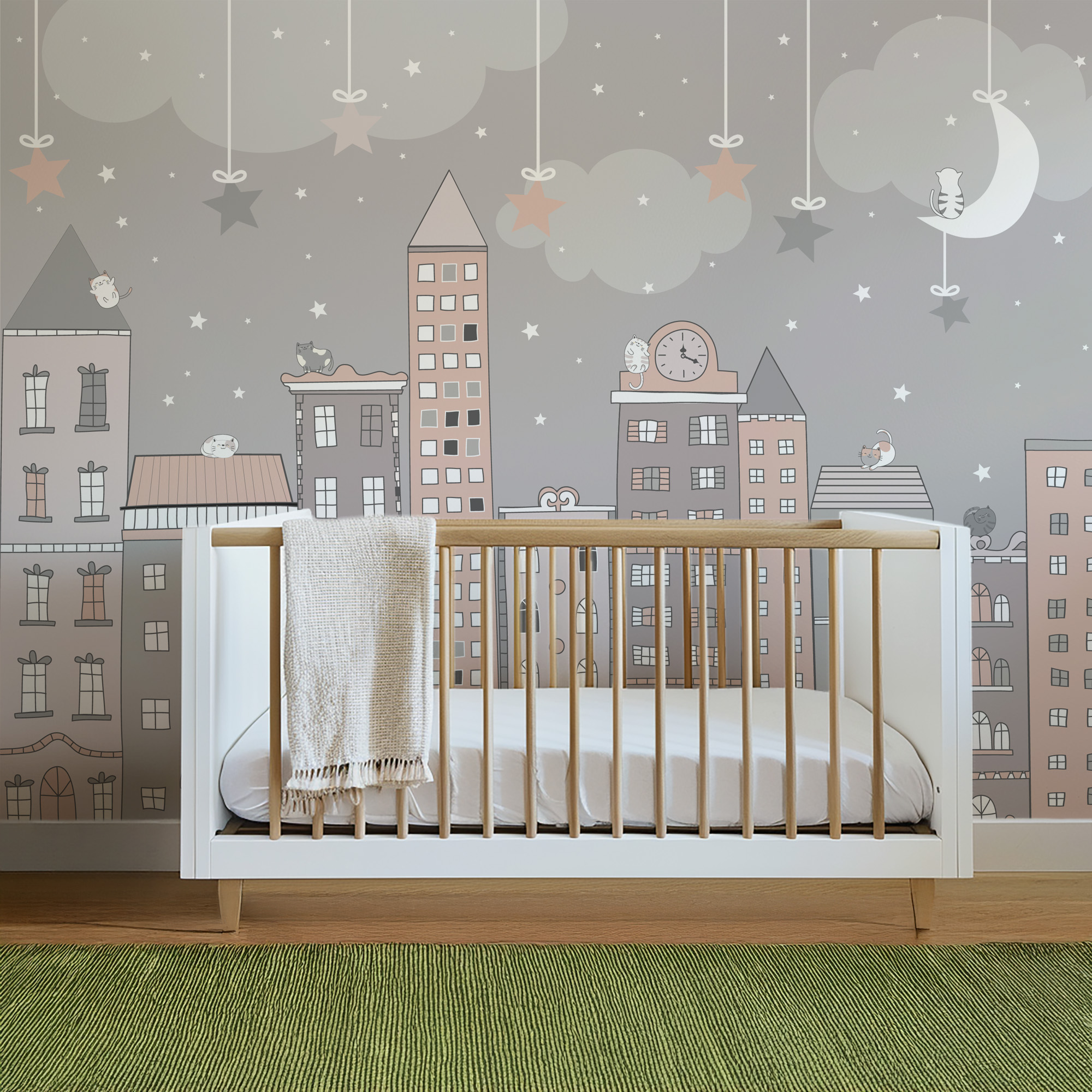 Whimsical Cityscape and Buildings Kids Peel and Stick Wallpaper, Pink and Grey City Nursery Wall Mural, Playful Urban Decor