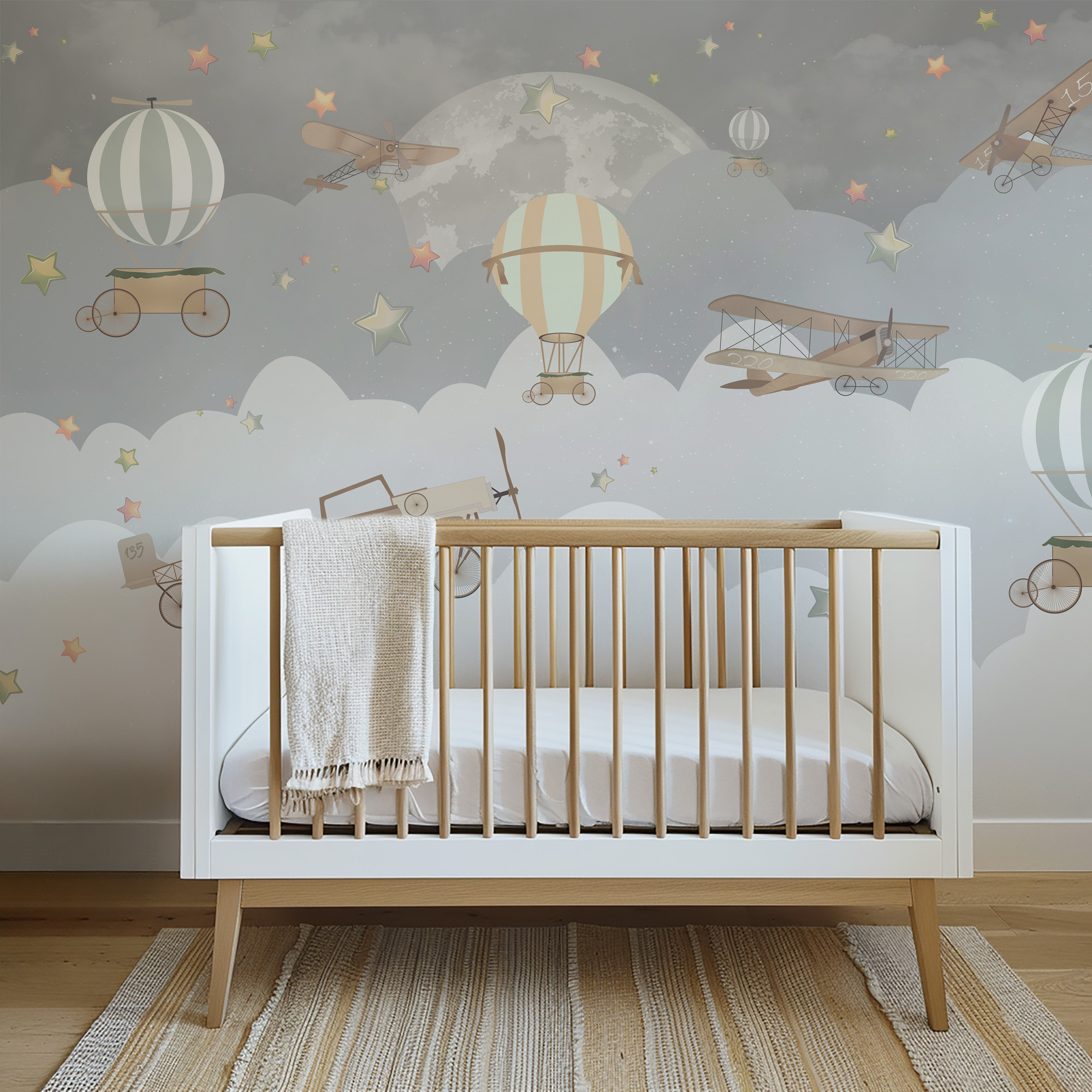 Vintage Airplane and Hot Air Balloon Nursery Peel and Stick Wallpaper, Adventure Sky Kids Wall Mural, Grey Sky Nursery Decor