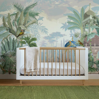 Modern Chinoiserie Tropical Jungle with Birds Peel and Stick Wallpaper, Exotic Nursery Wall Mural