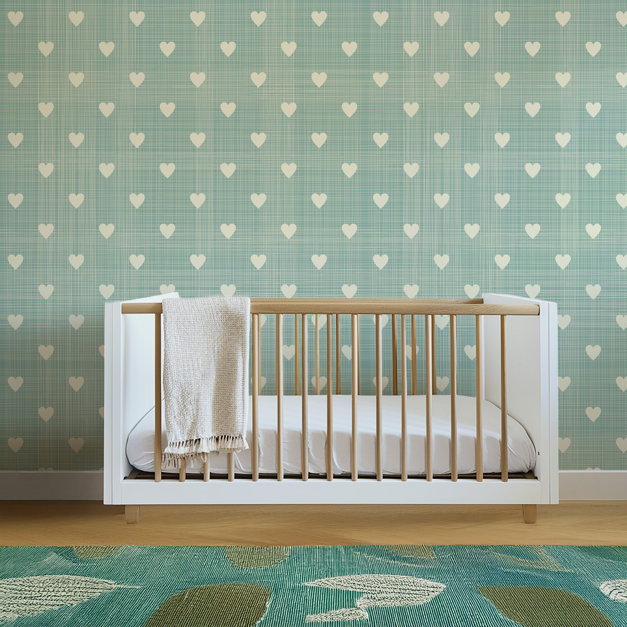 Teal Linen Texture Heart Pattern Peel and Stick Wallpaper, Minimalist Sage Green Nursery Wall Mural, Removable Kids Room Decor