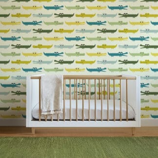 Playful Patterned Crocodile and Alligator Kids Peel and Stick Wallpaper, Modern Green Nursery Wall Mural