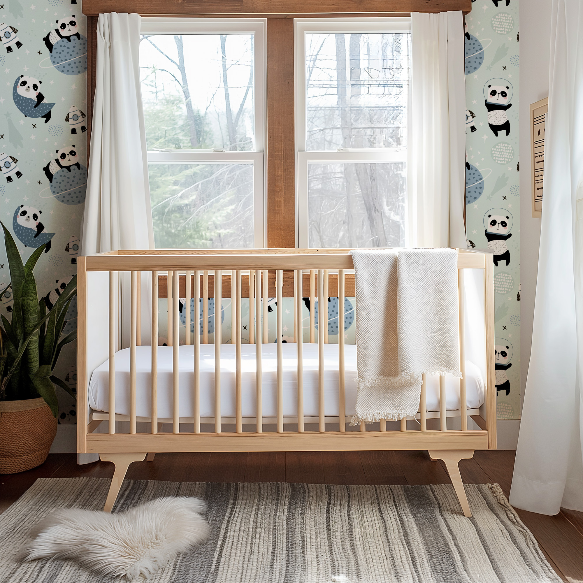 Space Panda Astronaut Kids Wallpaper Peel and Stick, Mint Green Galaxy Nursery Wall Mural, Whimsical Rocket Ship Decor