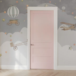 Vintage Airplane and Hot Air Balloon Nursery Peel and Stick Wallpaper, Adventure Sky Kids Wall Mural, Grey Sky Nursery Decor