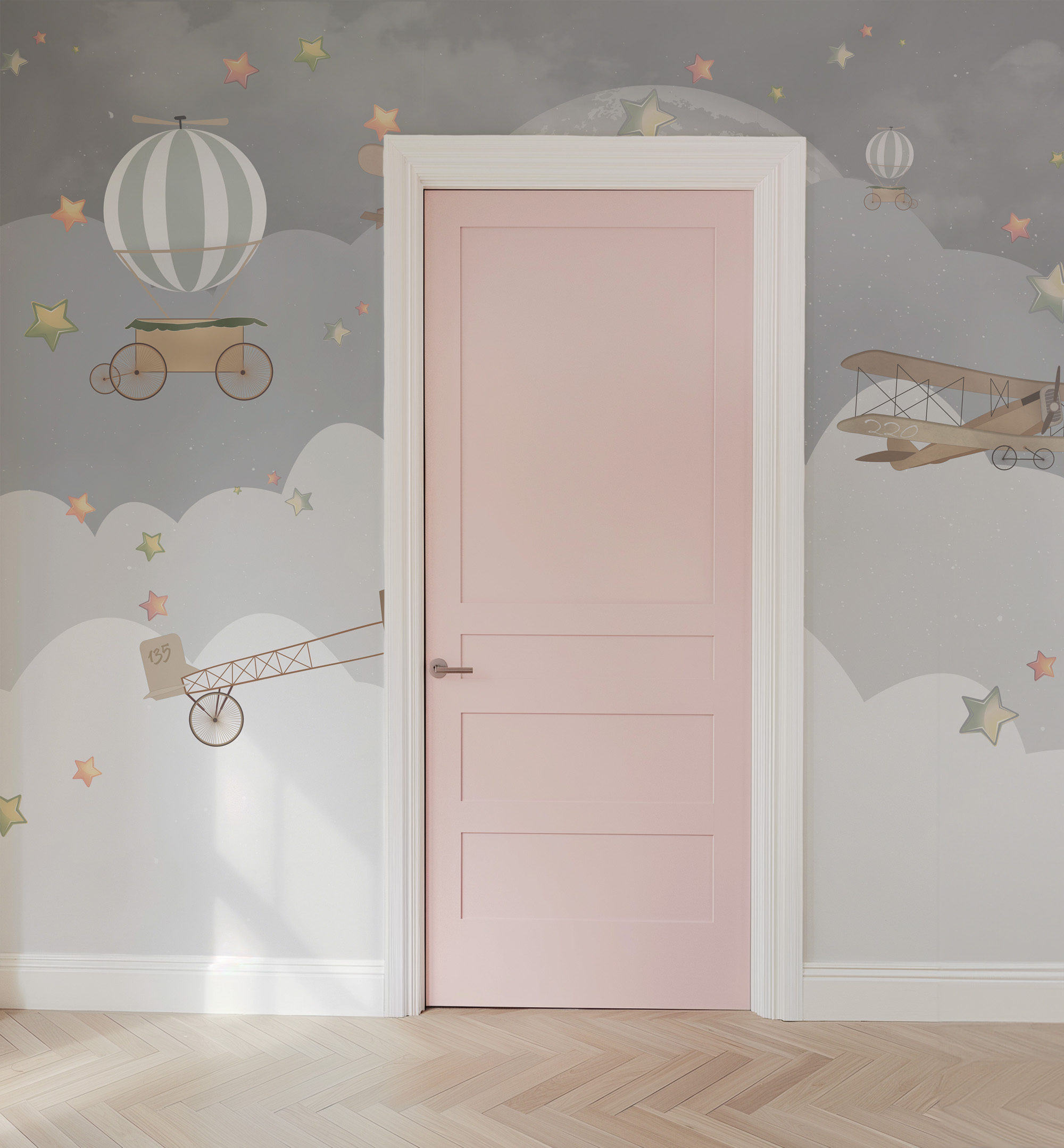 Vintage Airplane and Hot Air Balloon Nursery Peel and Stick Wallpaper, Adventure Sky Kids Wall Mural, Grey Sky Nursery Decor