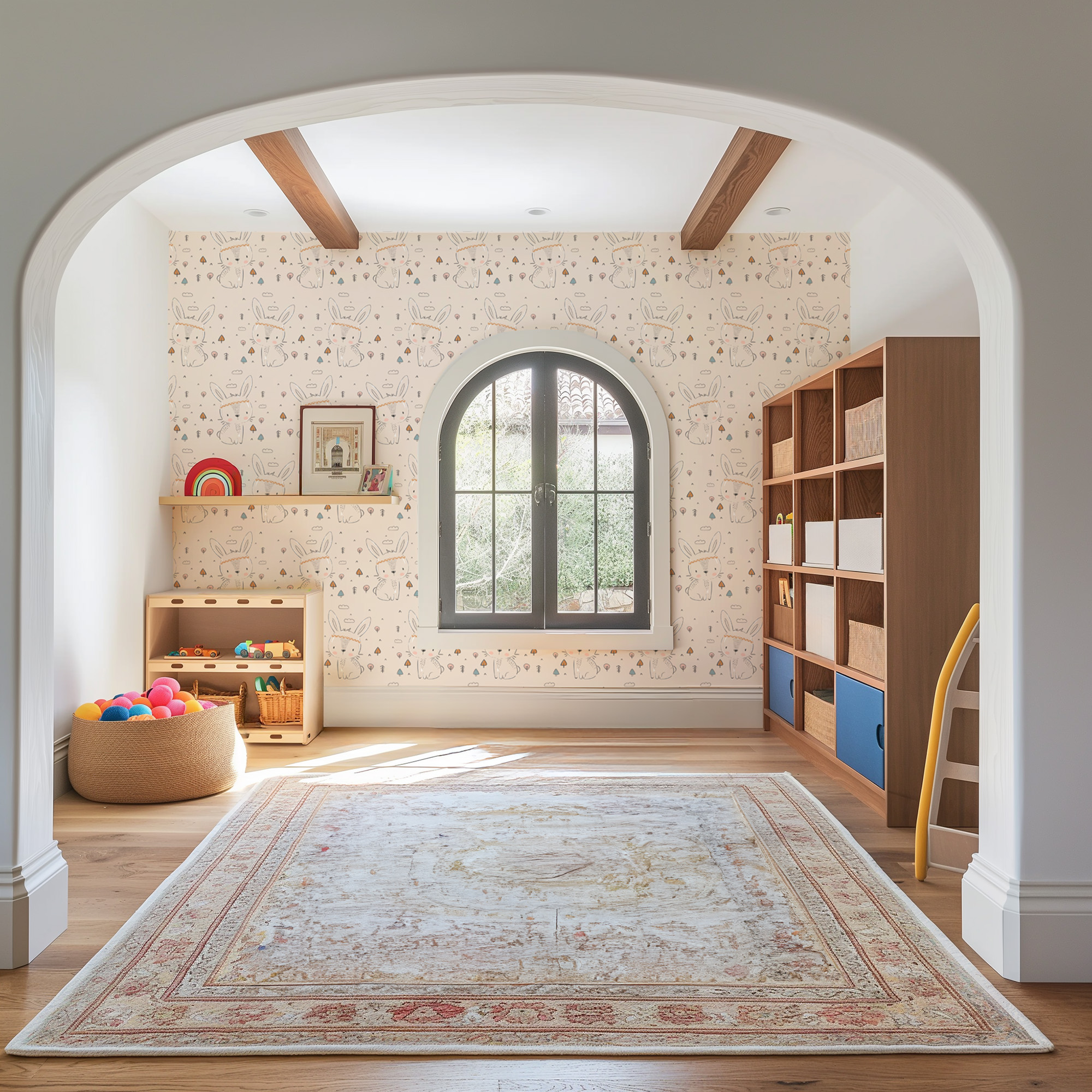 Boho Bunny and Woodland Pine Trees Kids Peel and Stick Wallpaper, Cute Pink Nursery Wall Mural