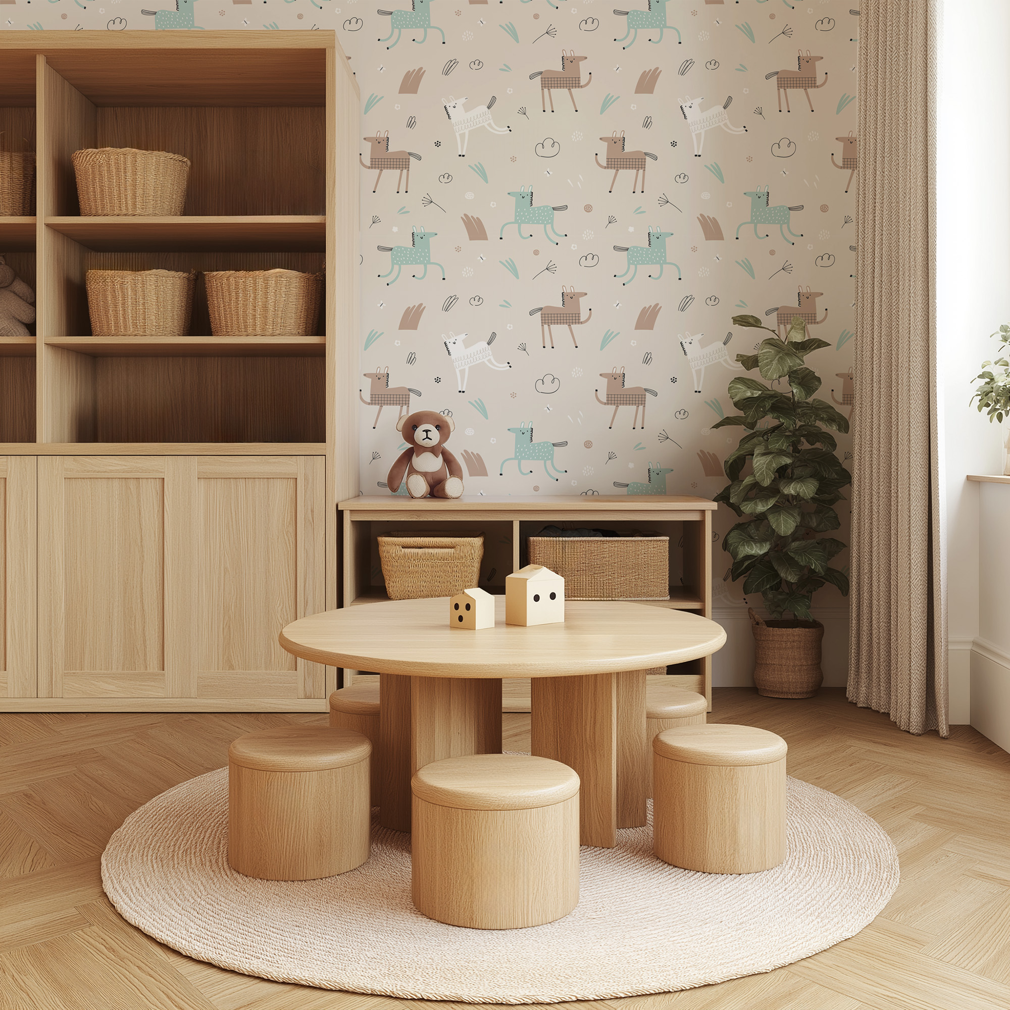 Cute Horse Pattern Kids Peel and Stick Wallpaper, Scandi Muted Teal and Brown Nursery Wall Mural, Minimalist Animal Decor