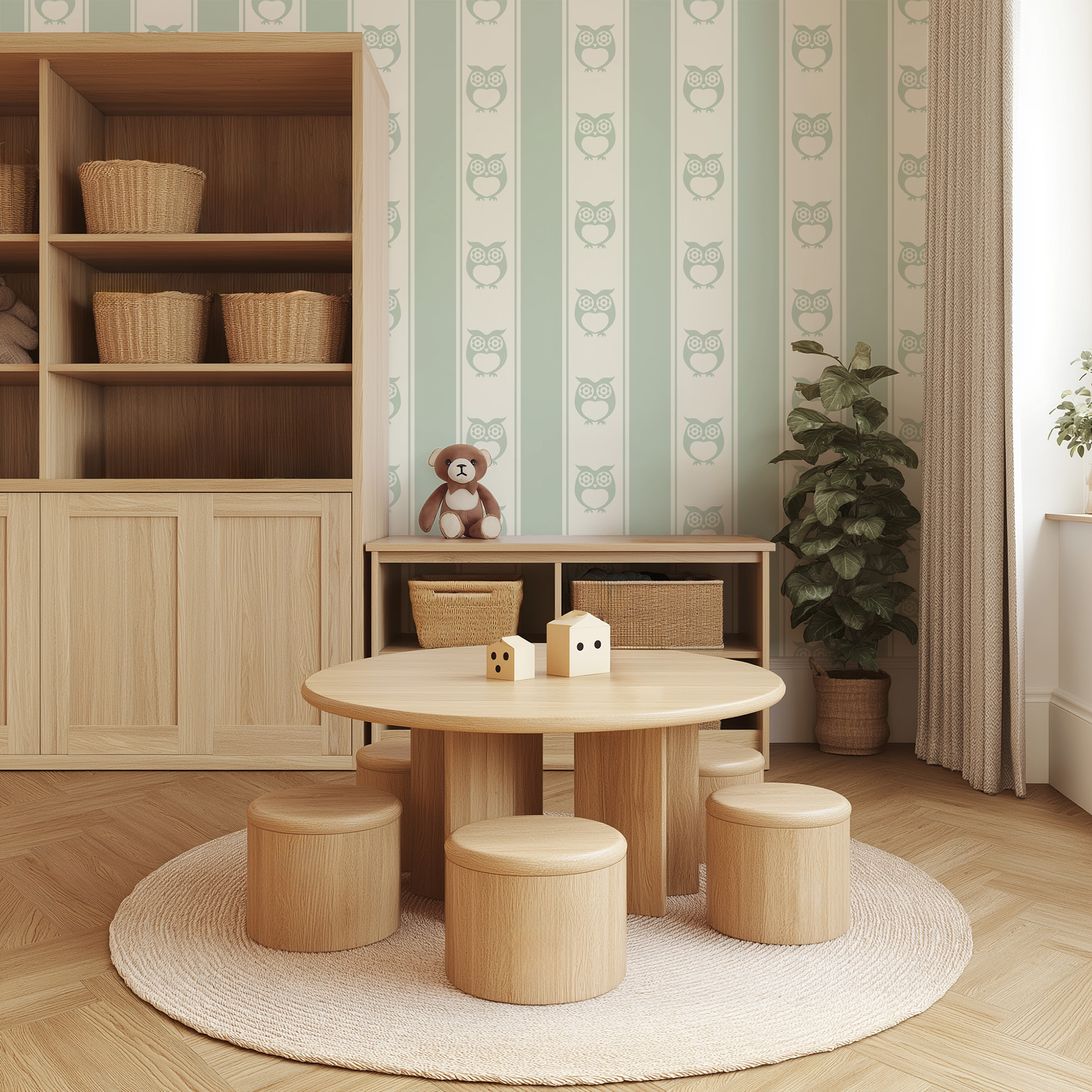 Minimalist Sage Green Owl and Vertical Stripes Kids Peel and Stick Wallpaper, Scandi Nursery Wall Mural