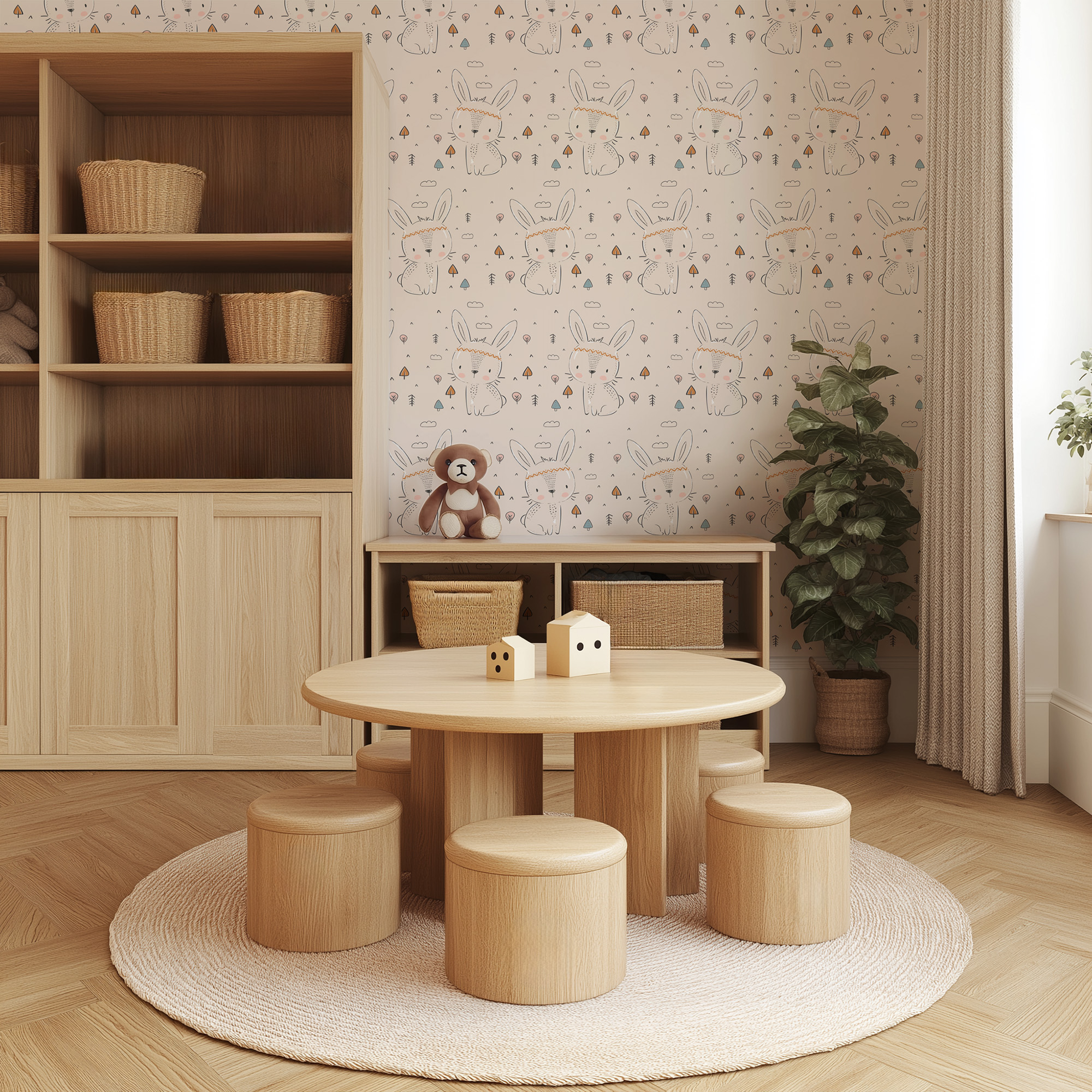 Boho Bunny and Woodland Pine Trees Kids Peel and Stick Wallpaper, Cute Pink Nursery Wall Mural