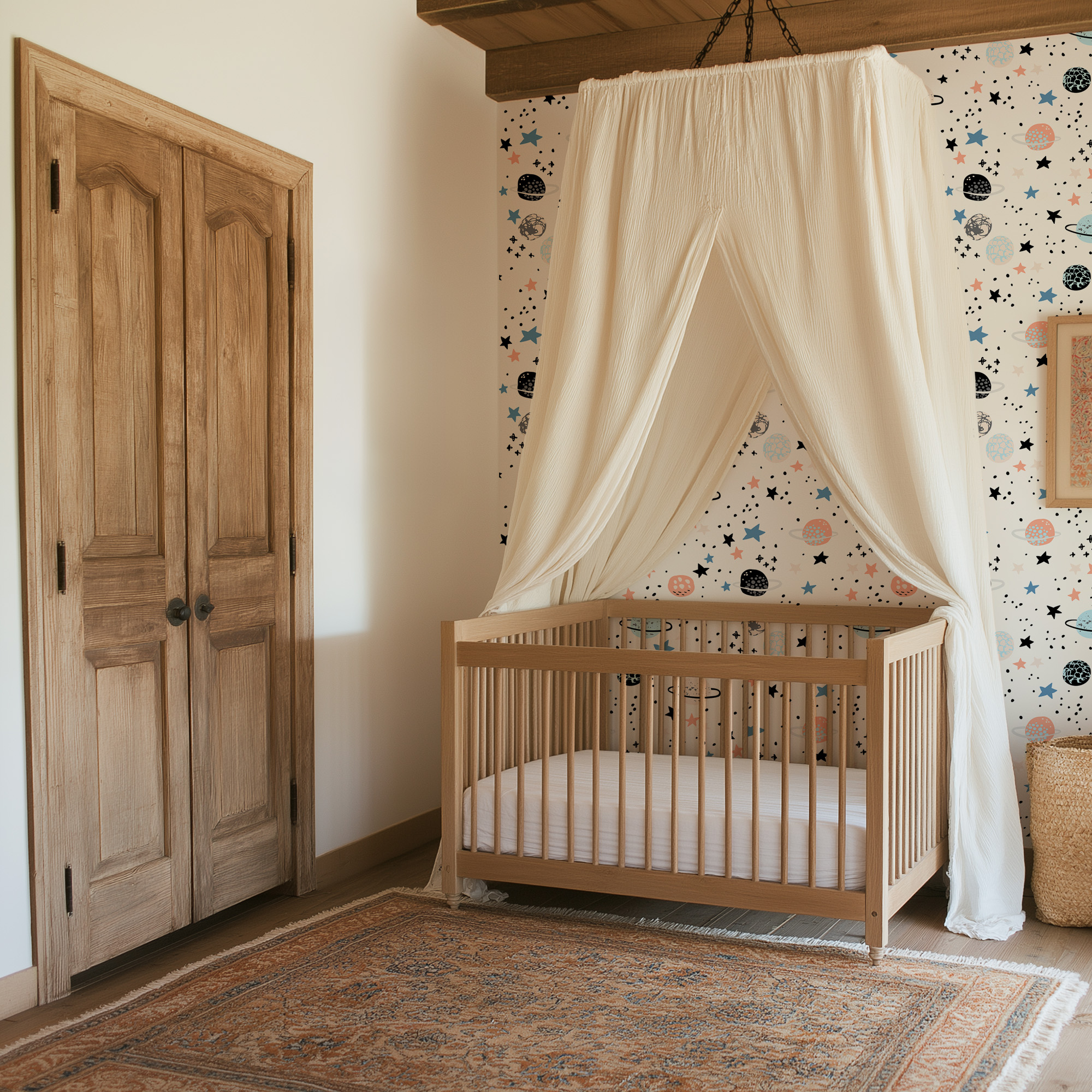 Modern Galaxy and Space Planets Kids Peel and Stick Wallpaper, Minimalist Starry Night Nursery Wall Mural