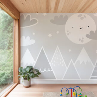 Minimalist Grey Mountain and Moon Kids Peel and Stick Wallpaper, Scandi Monochrome Nursery Wall Mural, Modern Playroom Decor