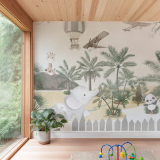 Safari Animals and Vintage Airplane Nursery Peel and Stick Wallpaper, Elephant and Panda Jungle Wall Mural, Neutral Kids Room Decor