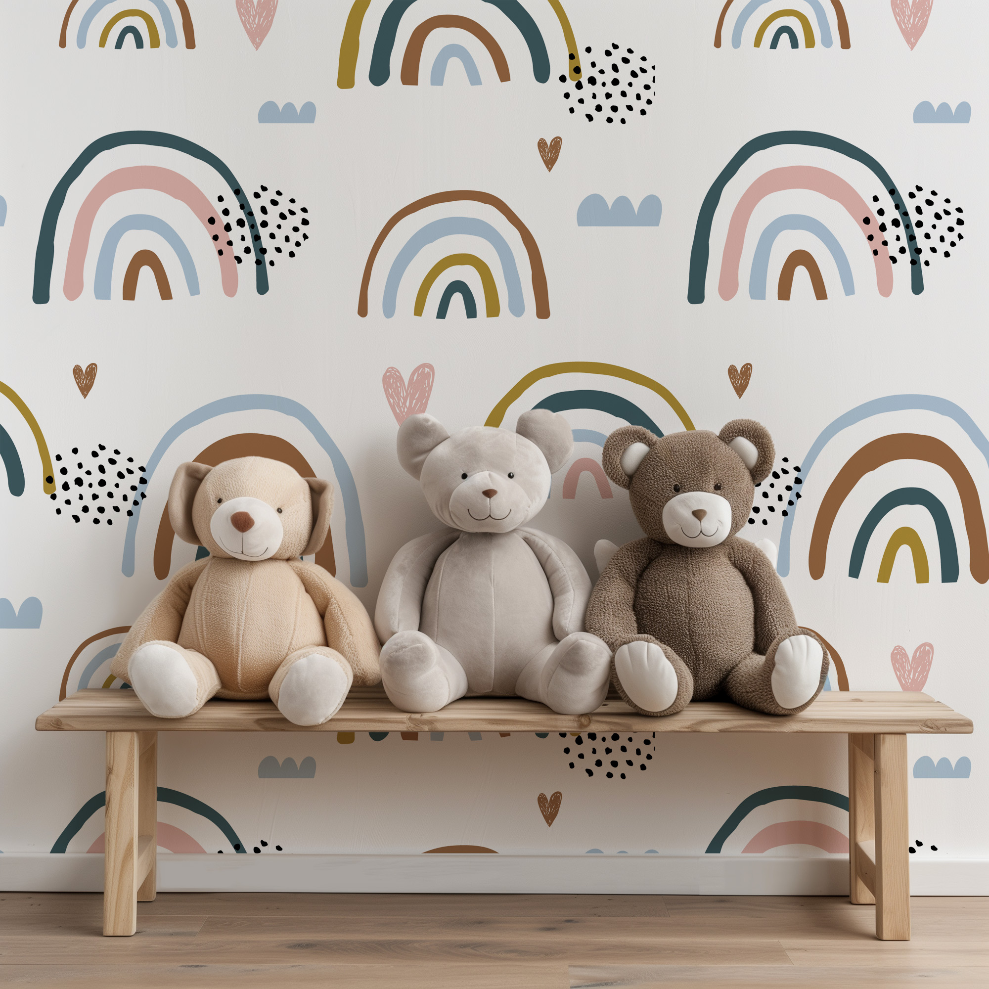 Boho Muted Rainbow Kids Peel and Stick Wallpaper, Earthy Hand-Drawn Nursery Wall Mural, Playful Scandi Decor