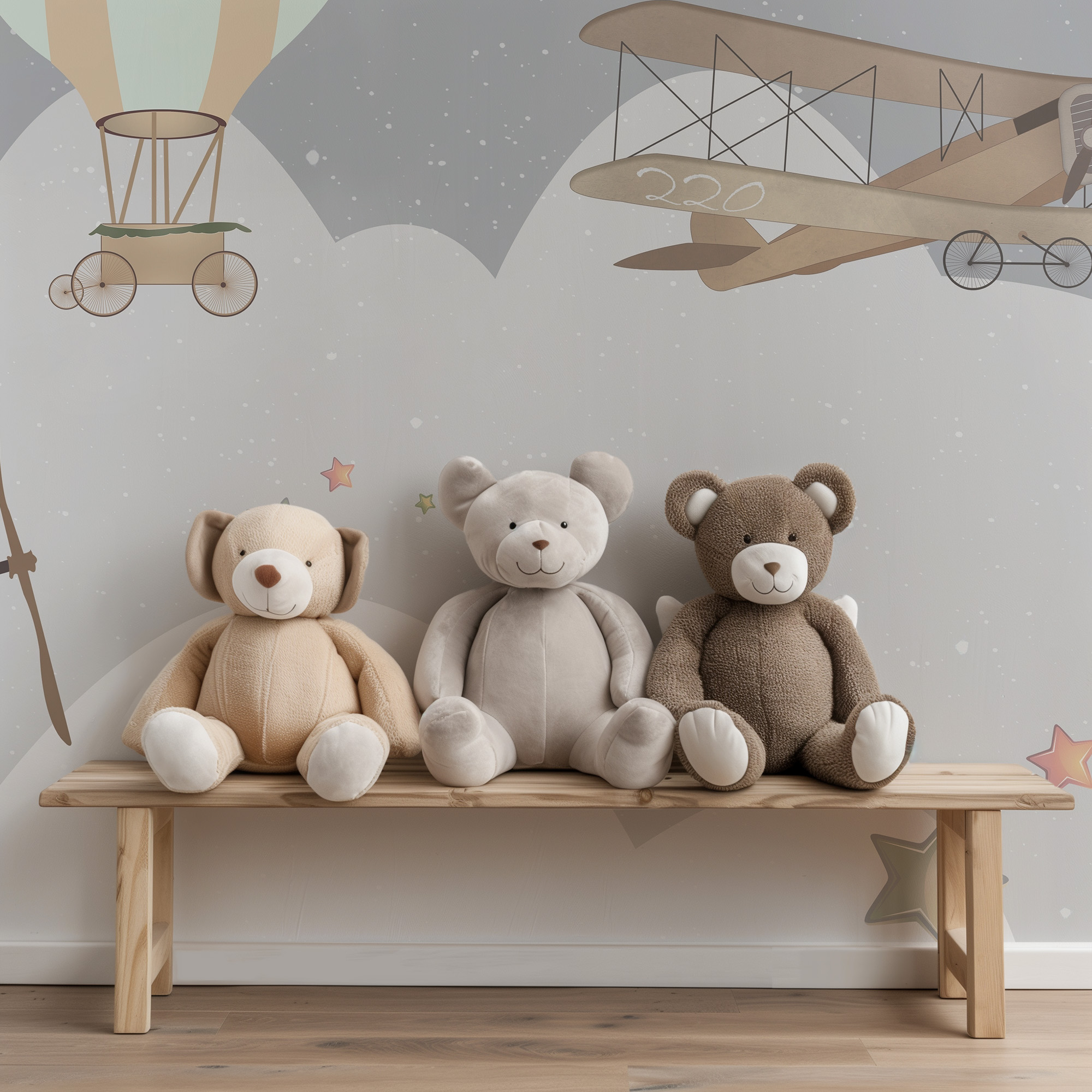 Vintage Airplane and Hot Air Balloon Nursery Peel and Stick Wallpaper, Adventure Sky Kids Wall Mural, Grey Sky Nursery Decor