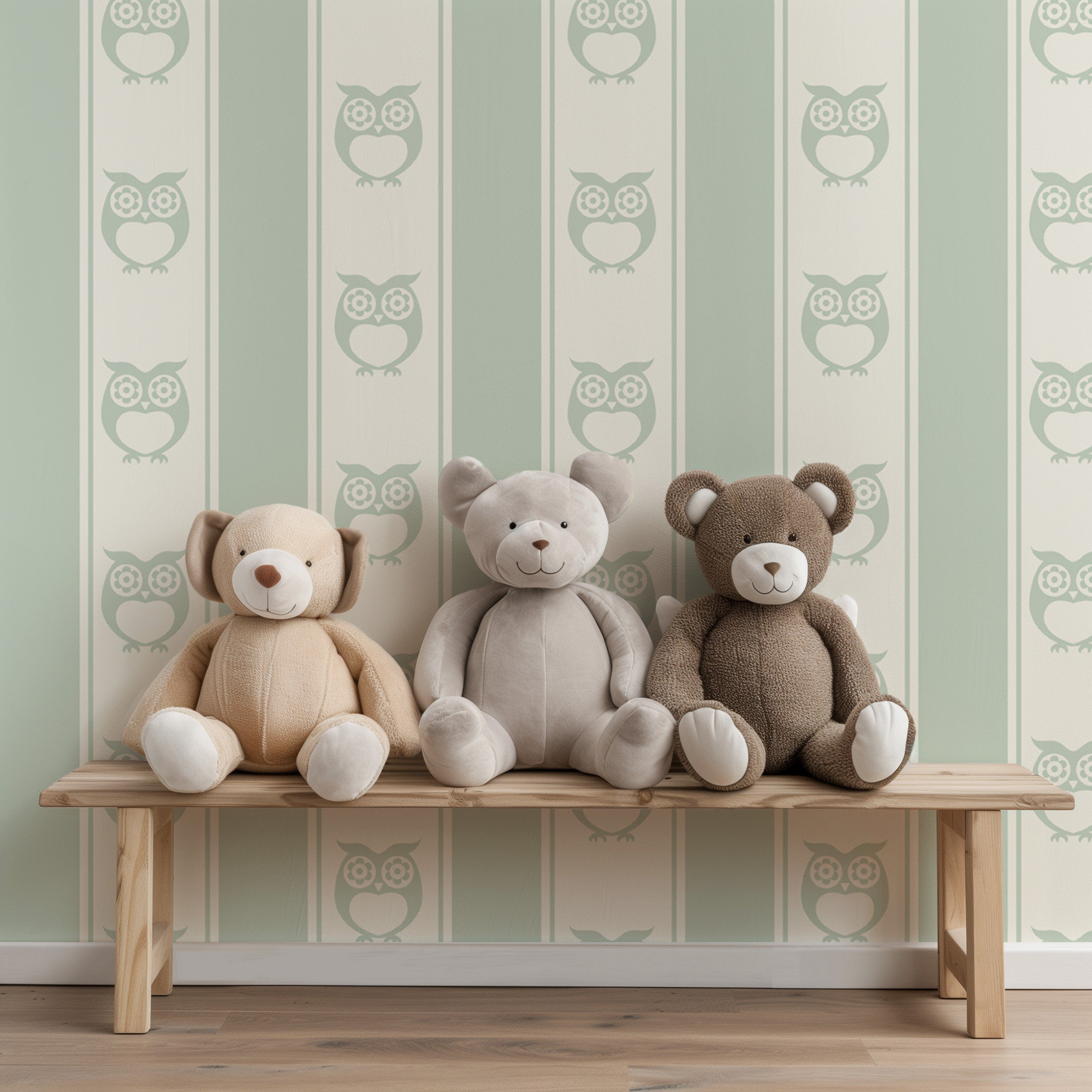 Minimalist Sage Green Owl and Vertical Stripes Kids Peel and Stick Wallpaper, Scandi Nursery Wall Mural