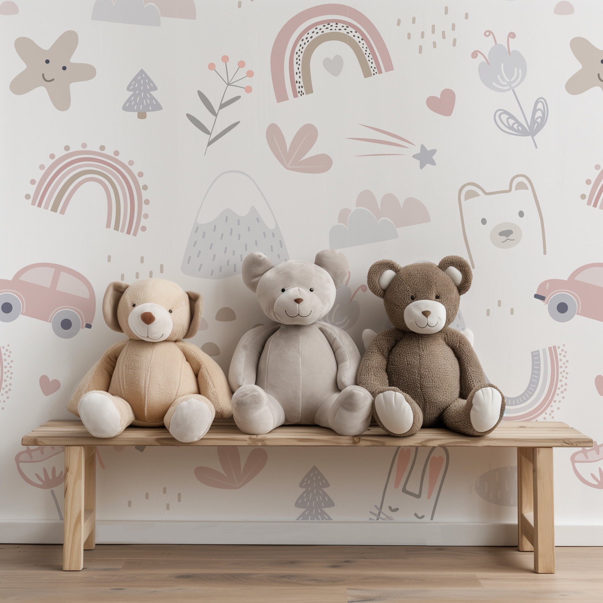 Whimsical Animal and Rainbow Adventure Kids Peel and Stick Wallpaper, Neutral Scandi Nursery Wall Mural