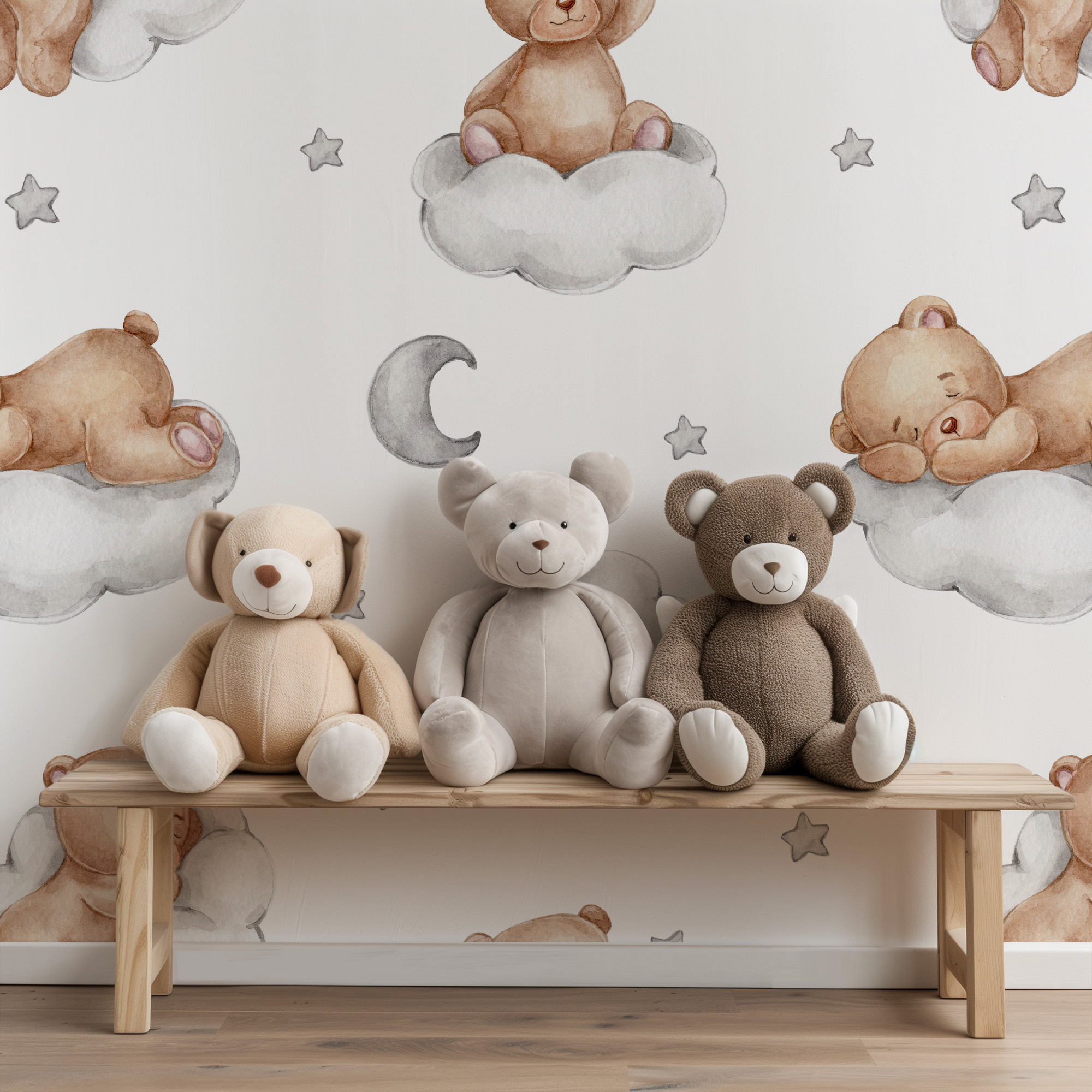 Dreamy Watercolor Teddy Bear on Clouds Kids Peel and Stick Wallpaper, Neutral Nursery Wall Mural, Whimsical Starry Night Decor
