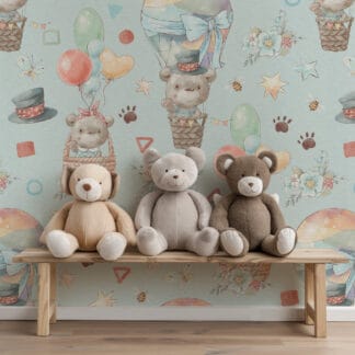 Watercolor Teddy Bear in Hot Air Balloon Kids Peel and Stick Wallpaper, Whimsical Mint Nursery Wall Mural, Playful Adventure Decor