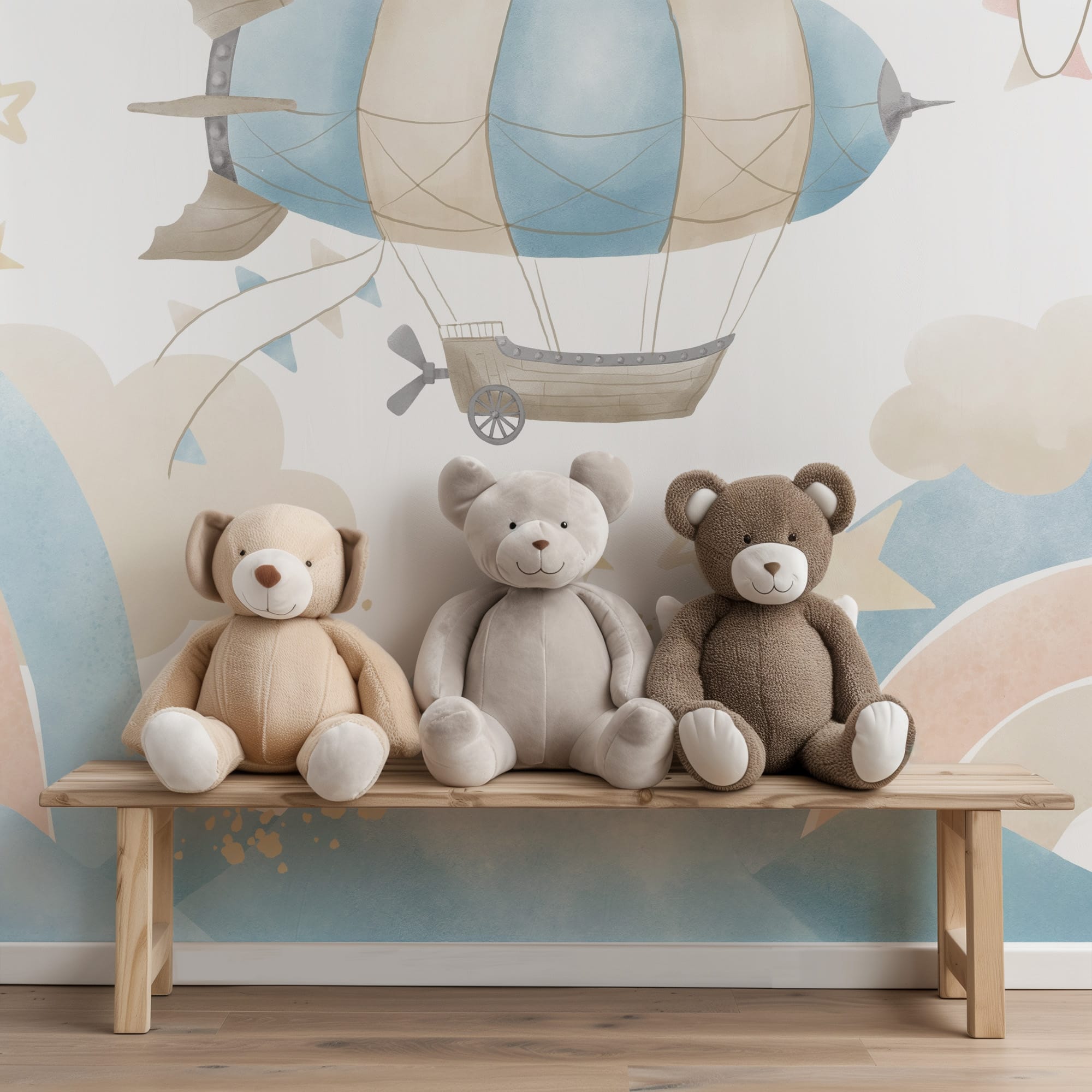 Watercolor Vintage Airship and Hot Air Balloon Peel and Stick Wallpaper, Dreamy Sky and Mountain Nursery Wall Mural