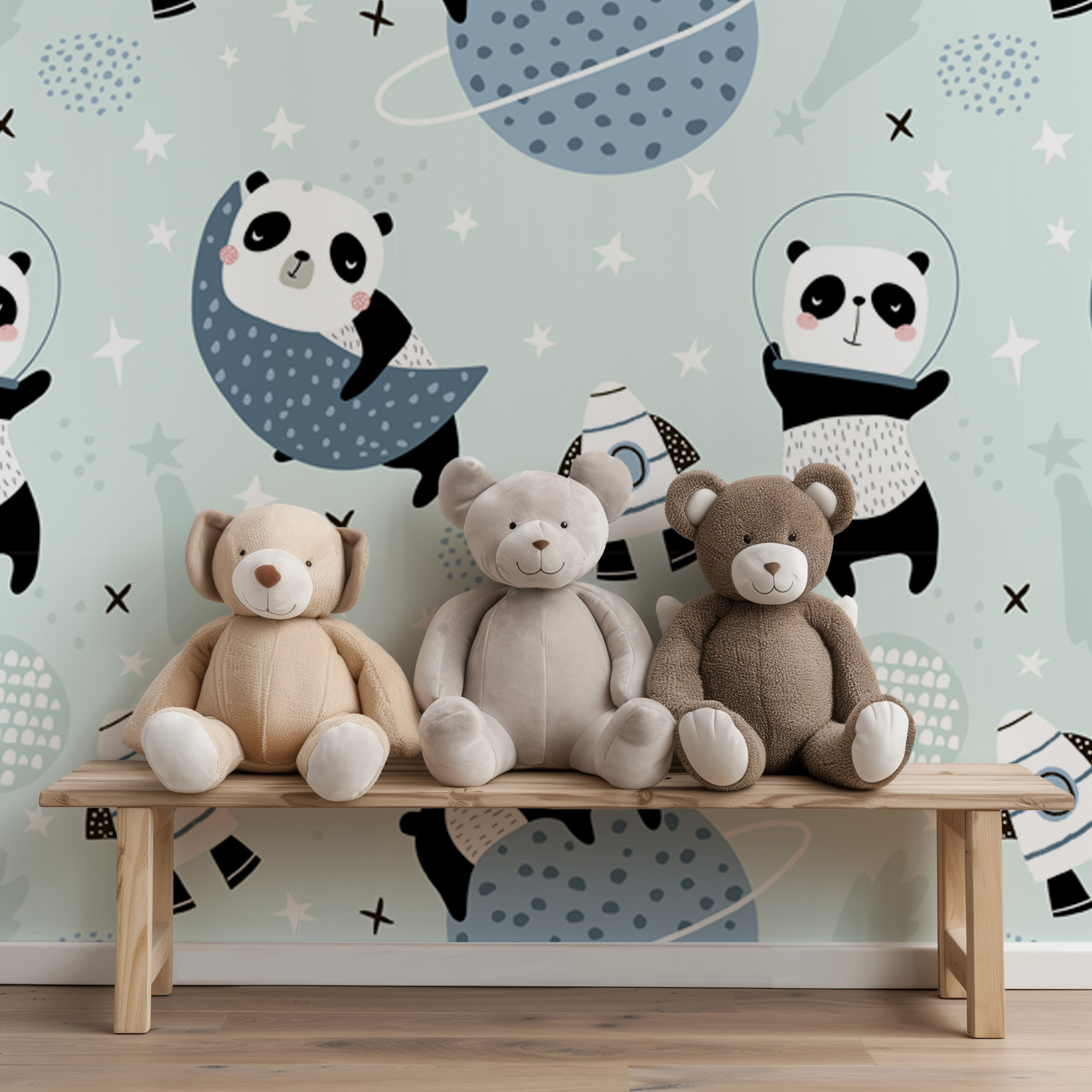 Space Panda Astronaut Kids Wallpaper Peel and Stick, Mint Green Galaxy Nursery Wall Mural, Whimsical Rocket Ship Decor