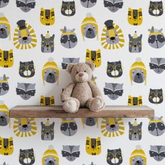 Dapper Safari Animals with Hats and Glasses Kids Peel and Stick Wallpaper, Modern Yellow and Grey Nursery Wall Mural