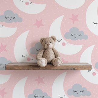 Sleepy Moon and Gray Cloud Kids Peel and Stick Wallpaper, Pink Starry Sky Nursery Wall Mural, Dreamy Bedtime Decor