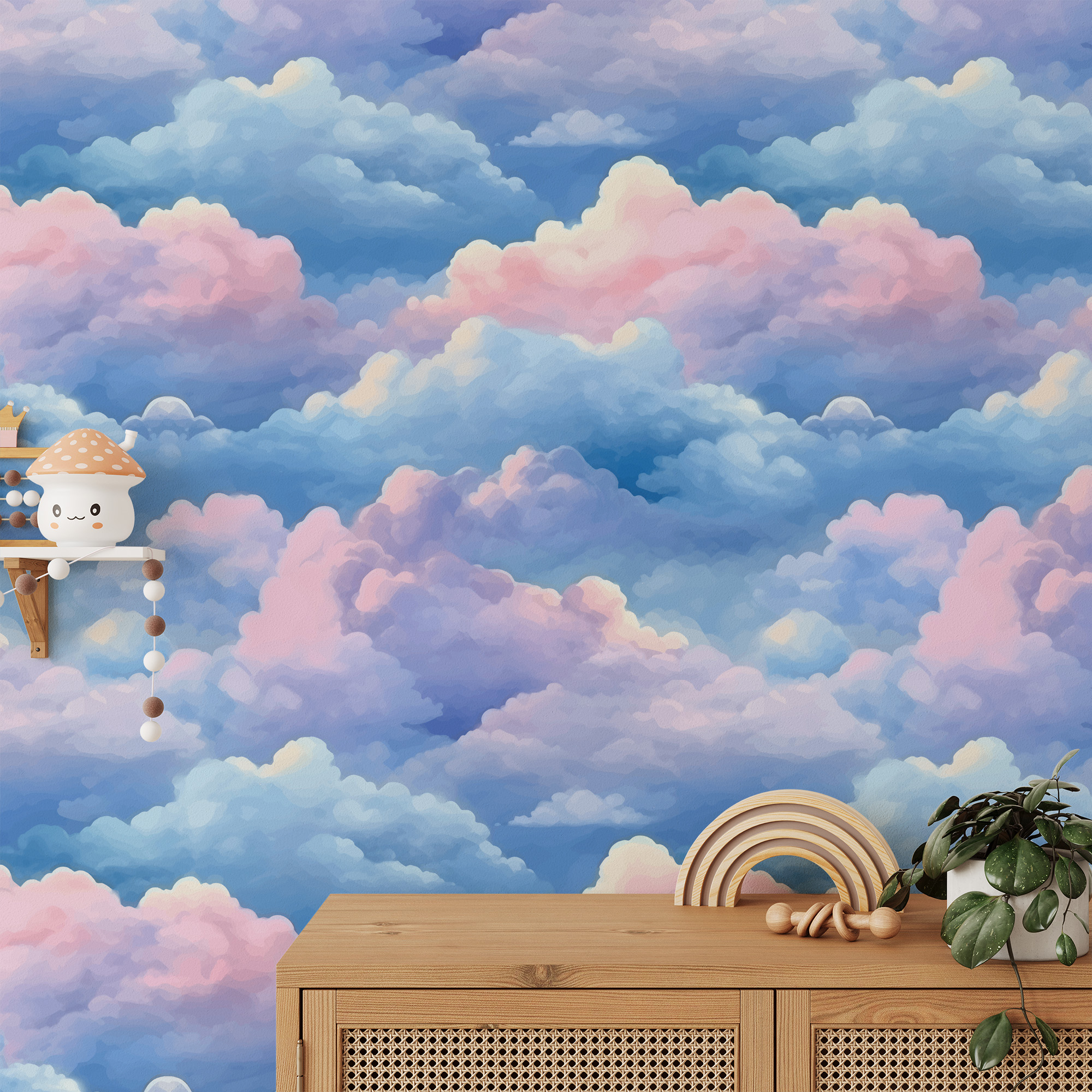 Modern Watercolor Pink and Blue Cloud Peel and Stick Wallpaper, Whimsical Dreamy Sky Wall Mural