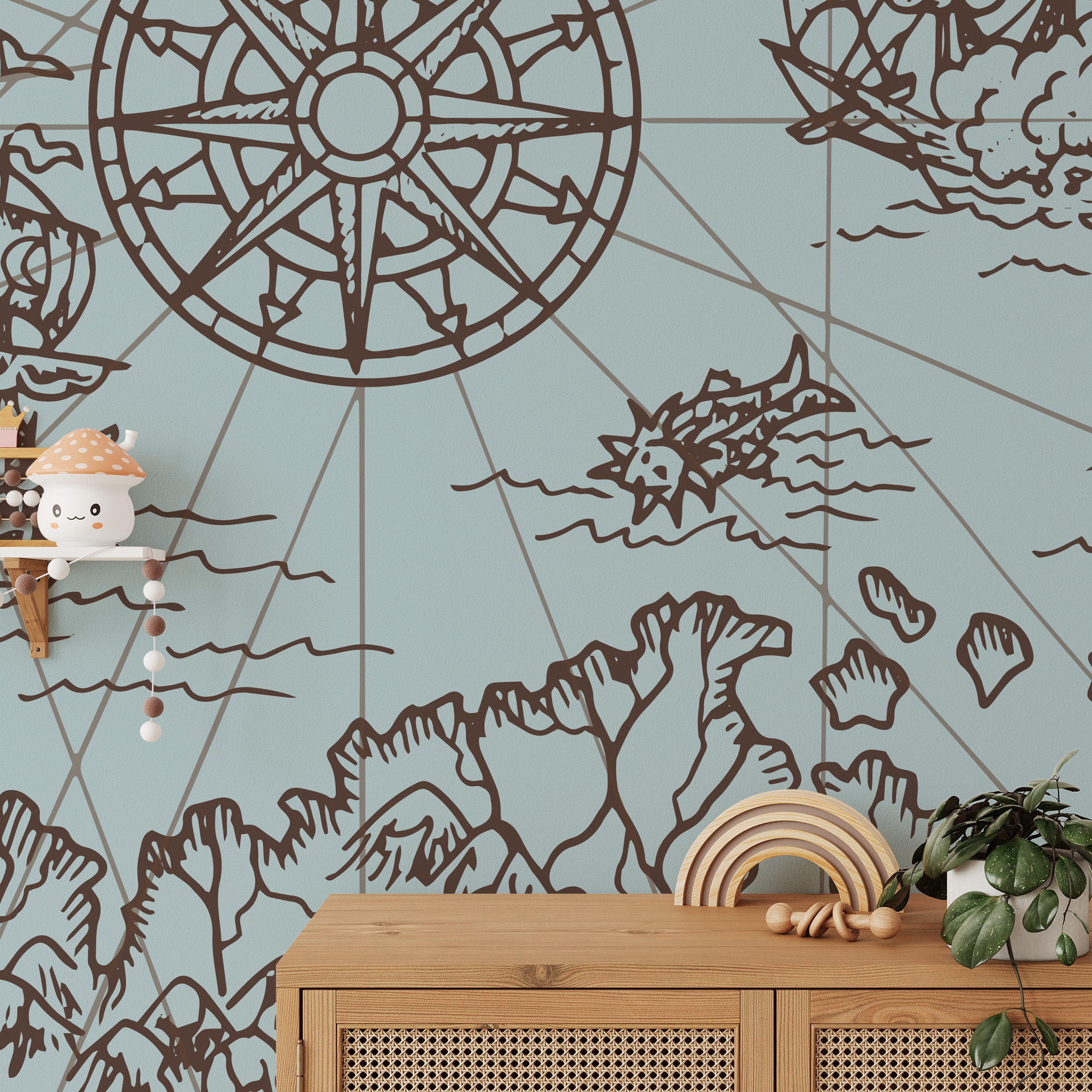 Modern Vintage Caribbean Sea Map Peel and Stick Wallpaper, Nautical Blue Line Art Office Wall Mural