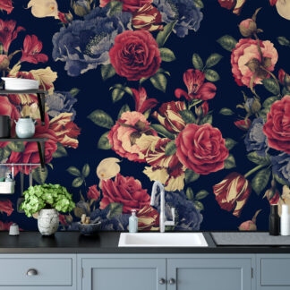 Moody Navy Floral Peel and Stick Wallpaper, Vintage Red Rose and Cream Lily Wall Mural, Dark Botanical Kitchen Decor