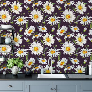 Moody Dark Purple Watercolor Daisy Peel and Stick Wallpaper, Large White Floral Wall Mural, Cottagecore Nature Decor