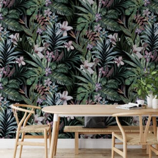 Moody Tropical Jungle Leaf and Floral Peel and Stick Wallpaper, Dark Monstera and Orchid Wall Mural, Exotic Nature Home Decor