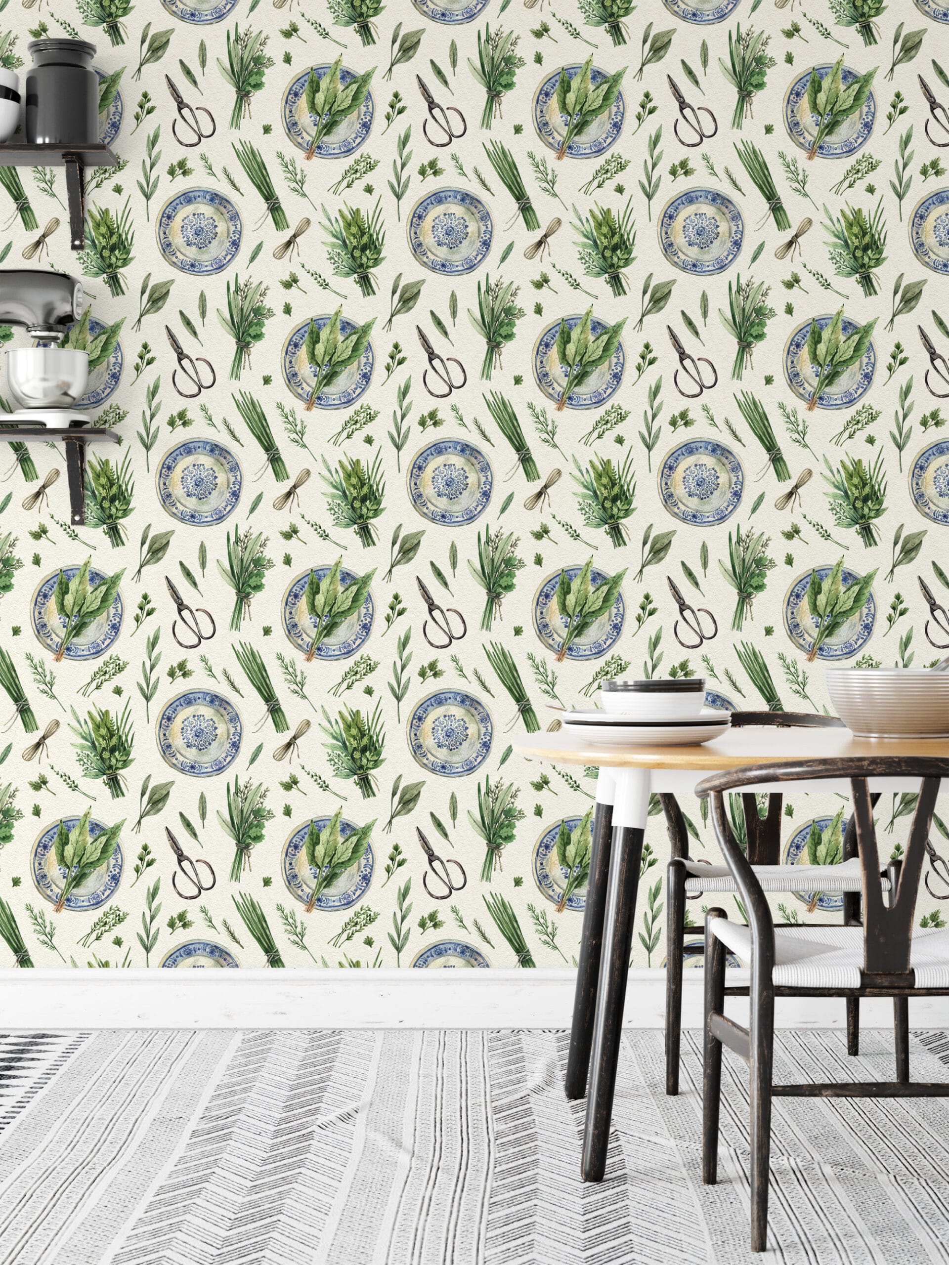 Watercolor Kitchen Herb and Blue Plate Peel and Stick Wallpaper, Vintage Botanical Culinary Wall Mural, Rustic Farmhouse Decor