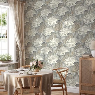 Muted Japanese Great Wave Peel and Stick Wallpaper, Zen Nautical Ocean Wall Mural, Traditional Ukiyo-e Style Dining Decor