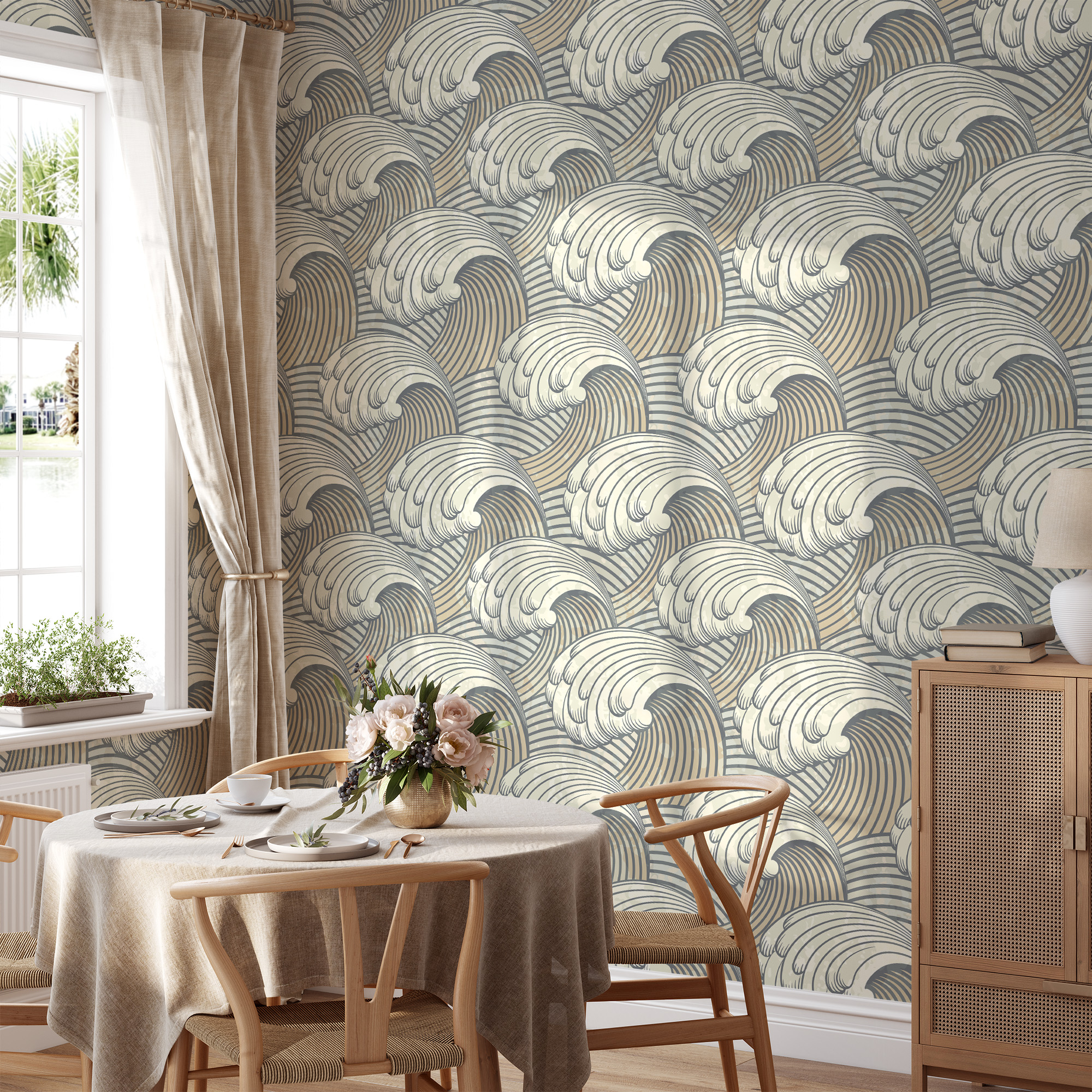 Muted Japanese Great Wave Peel and Stick Wallpaper, Zen Nautical Ocean Wall Mural, Traditional Ukiyo-e Style Dining Decor
