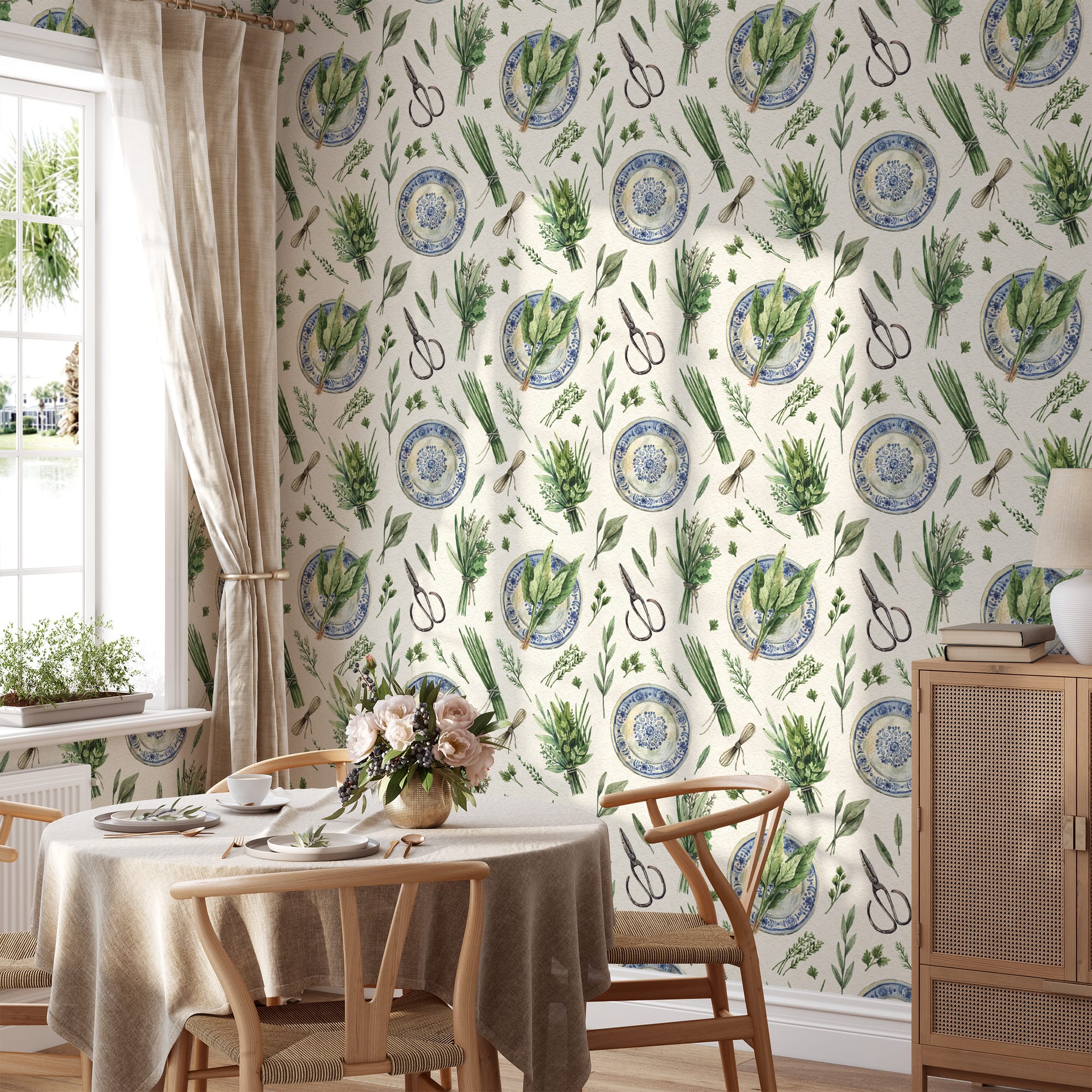 Watercolor Kitchen Herb and Blue Plate Peel and Stick Wallpaper, Vintage Botanical Culinary Wall Mural, Rustic Farmhouse Decor