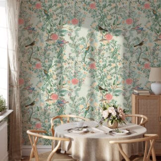 Whimsical Mint Garden Birds and Peony Peel and Stick Wallpaper, Nursery Floral Wall Mural, Pastel Botanical Kids Room Decor