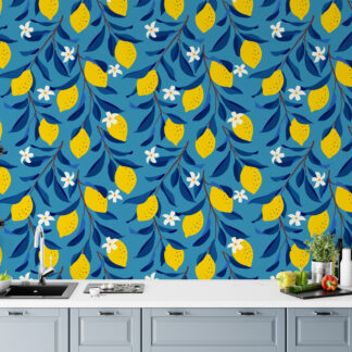 Modern Blue and Yellow Lemon Peel and Stick Wallpaper, Mediterranean Citrus Wall Mural, Bold Fruit Pattern Kitchen Decor