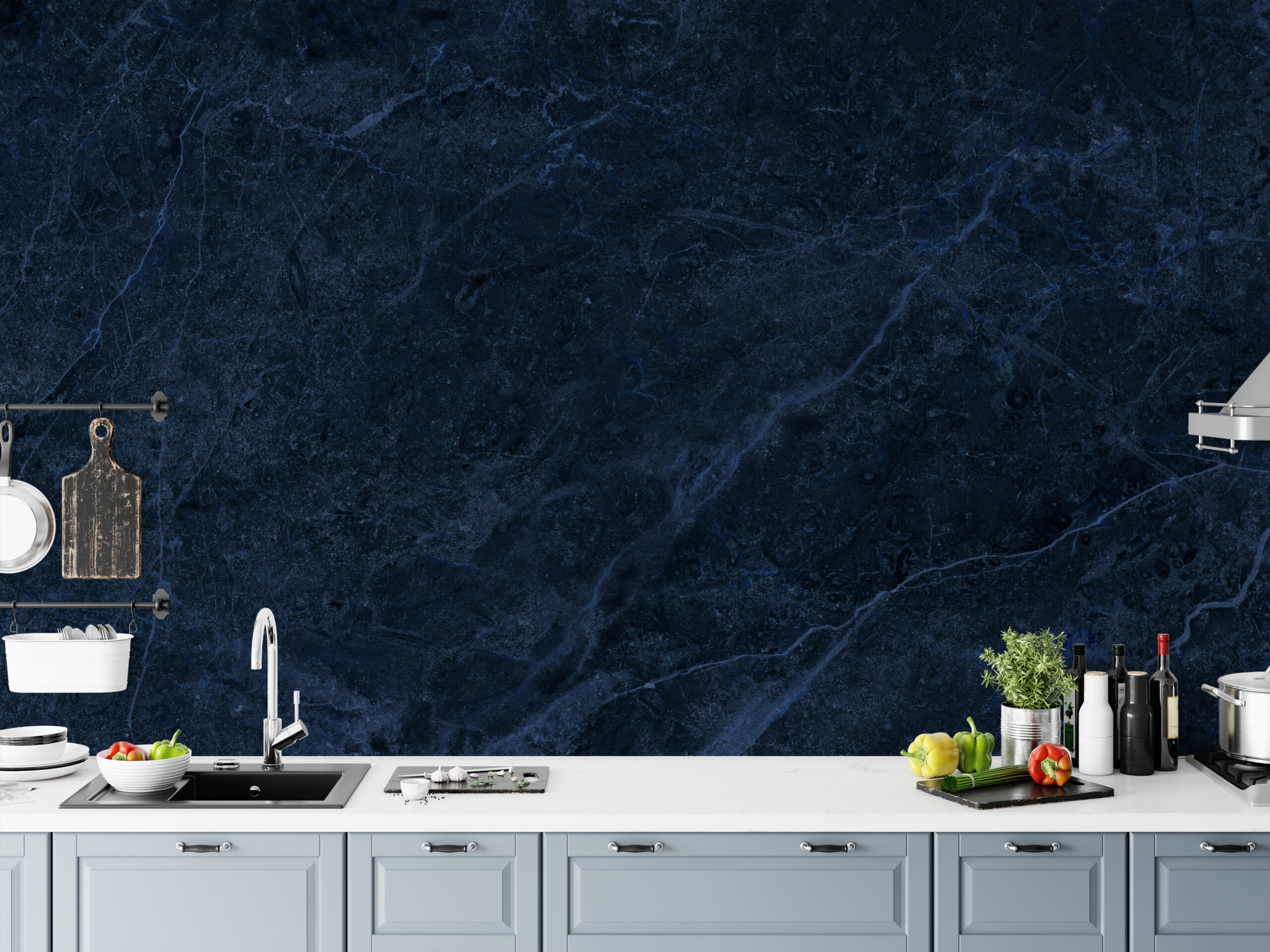 Deep Navy Blue Marble Peel and Stick Wallpaper, Luxury Midnight Stone Wall Mural, Moody Bathroom Accent Wall