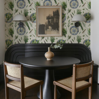 Watercolor Kitchen Herb and Blue Plate Peel and Stick Wallpaper, Vintage Botanical Culinary Wall Mural, Rustic Farmhouse Decor