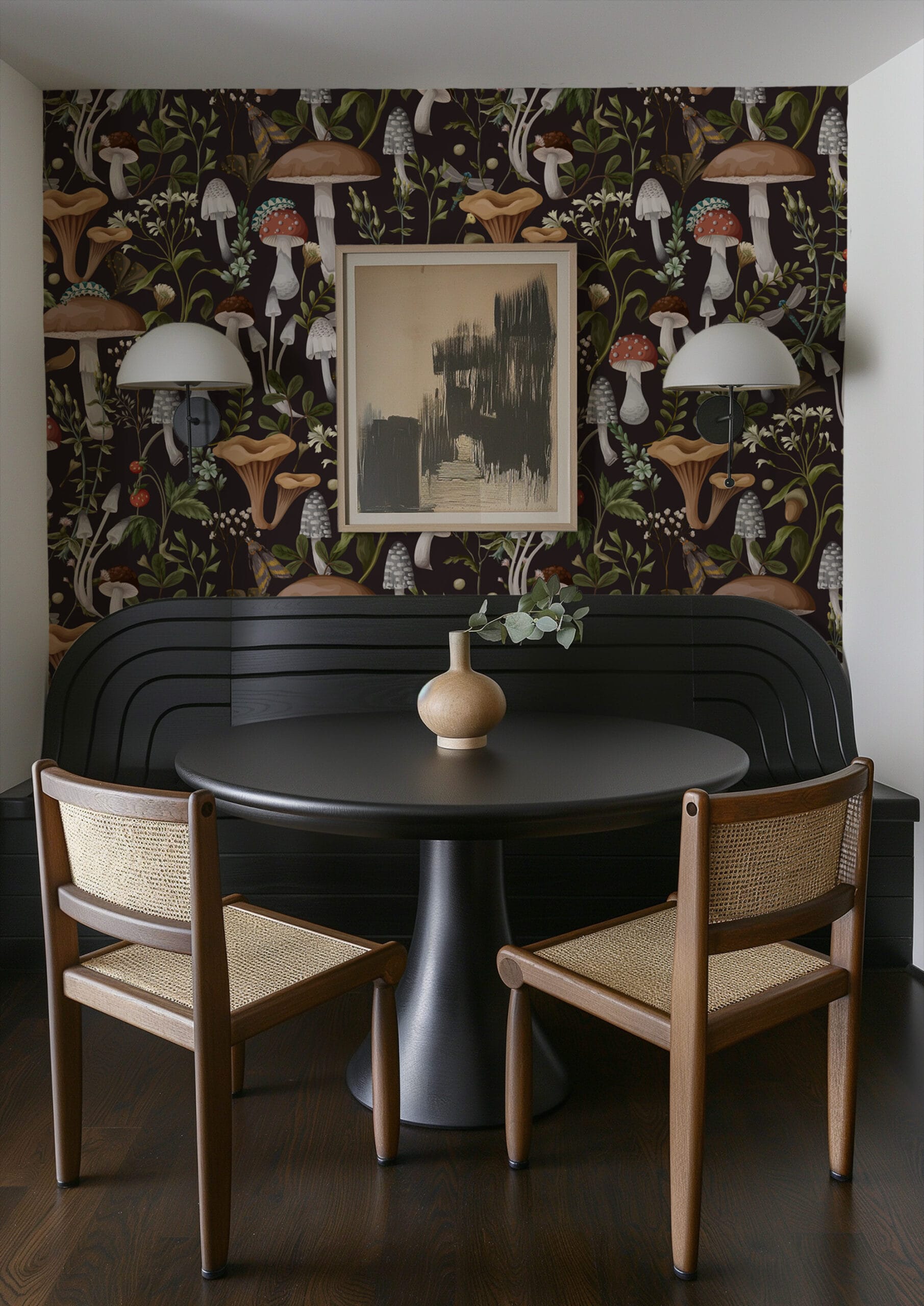 Moody Mushroom and Forest Floor Peel and Stick Wallpaper, Dark Botanical Illustration Wall Mural, Vintage Fungi and Insect Decor